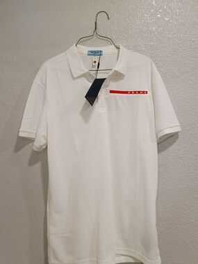 Prada Men’s White Polo Shirt with Red Logo Trim